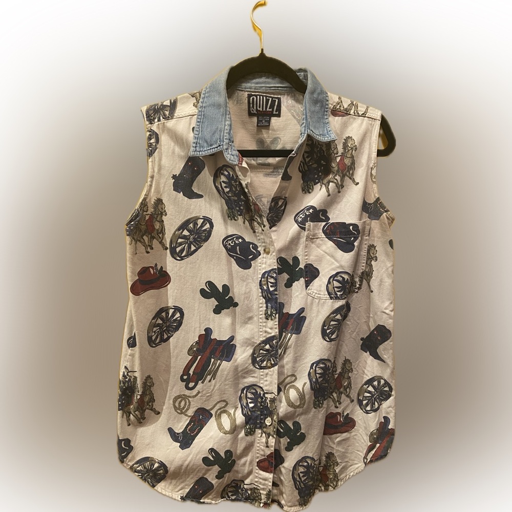 Sleeveless Western Print Button Up (Vintage)